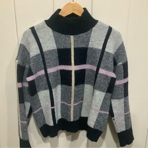 Marled Reunited Clothing, Navy-Black-Gray Plaid Knit Sweater Mock Neck, Size M